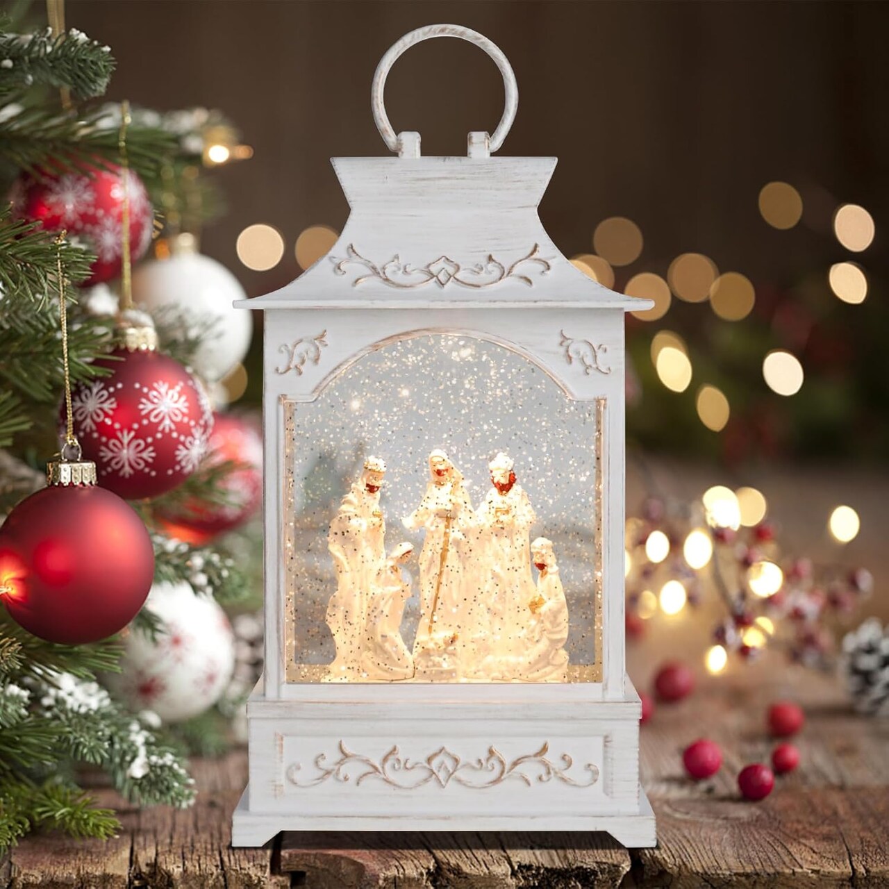 Christmas Lanterns-Lighted Christmas Snow Globes - White Nativity Scene Musical Snow Globe with Swirling Glittering and Battery Operated LED Light Christmas Home Decor